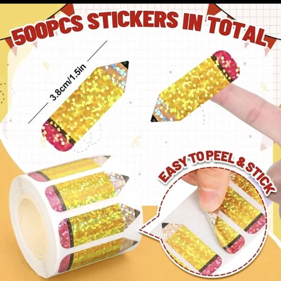 Pencil Stickers Holographic Roll Of 500 - Picture 5 of 7